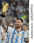 Small photo of Ciudad Autonoma de Buenos Aires, Argentina, 24, March, 2023. Lionel Messi from Argentina National Team with the Fifa World Cup after the match between Argentina National Team vs. Panama National Team.