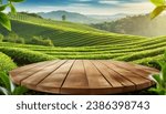 Small photo of Circle wooden table top with blurred tea plantation landscape against blue sky and blurred green leaf frame Product display concept natural background
