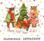 Watercolor New Year Card With...