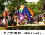 Small photo of Porto, Portugal - July 3th, 2021: Gay pride protest with rainbow colors in Porto at Jardim de Teofila Braga