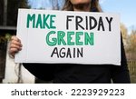 Small photo of Woman holding sign with slogan Make Friday Green Again. Protester with placard at zero waste protest rally. Ecology environmental issues, demonstration against Black Friday Sale, overproduction.