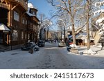 Small photo of ZAKOPANE, POLAND - JANUARY 10, 2024: Krupowki street, covered with snow on a cold winter day in Zakopane. Krupowki, famous pedestrian promenade with shops, restaurants and souvenir stalls.