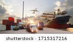 Small photo of Container truck in ship port for business Logistics and transportation of Container Cargo ship and Cargo plane with working crane bridge in shipyard at sunrise, logistic import export and transport