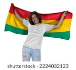 Small photo of Young soccer fanatic woman with white sports jersey and flag to Ghana in his hands, happy for the victory of his favorite team.
