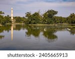 LEDNICE, CZECH REPUBLIC (CZECHIA) – AUGUST 26, 2023: View of a beautiful minaret in the Lednice–Valtice cultural landscape listed as UNESCO World heritage, South Moravian Region (Jihomoravský kraj)