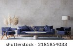 Rustic room design with dark blue sofa and dried flowers on gray interior background, 3d render, 3d illustration