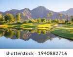 Beautiful golden light over Indian Wells Golf Resort, a desert golf course in Palm Springs, California, USA with view of the San Bernardino Mountains.