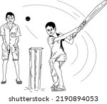 Gully Cricket line art vector, Indian kids playing cricket in street sketch drawing, silhouette drawing of indian child playing cricket match in gully, Indian village cricket clip art