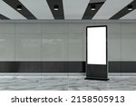 Blank Trade Show LCD Screen Display Stand as Template for Your Design in Subway Station extreme closeup. 3d Rendering 