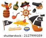 Cartoon pirate elements, parrot, cannon, treasures, sailing ship. Flag, steering wheel, compass, map, pirates sea adventure vector set. Illustration of pirate treasure map and parrot, cannon and boat