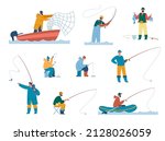 people fishing with rod on lake ... | Shutterstock .eps vector #2128026059