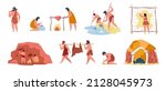 Prehistoric people with stone age tools, Cavemen hunt mammoth. Primitive characters hunting, cooking food, making fire, caveman hut vector set. Illustration of people primitive hunting