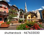 Town square in Hallstatt, Austria. Hallstatt Village Central Square with flowers and istoric architecture.