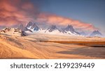 Snowy winter scenery with high moutains and snowflakes. 3d rendering