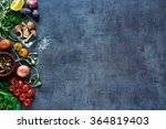 Raw organic vegetables with fresh ingredients for healthily cooking on vintage background, top view, banner. Vegan or diet food concept. Background layout with free text space.