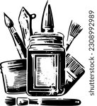 Art supplies logo, brush, jar, pen, sponge, spatula, engraved vintage style, logotype concept, old, icon, clip art, artistic academy school fine arts, isolated on white background