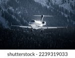 Small photo of Private jet landing in the swiss alps during winter season. The jet brings the guest to their luxury ski vacation in switzerland