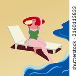 A Girl In A Swimsuit Is Sitting ...
