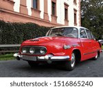 Small photo of Kunin, Czech Republic - 09-28-2019: 9th St. Wenceslas Ride ("Svatovaclavska vyjizdka". Red Tatra 603 with a white roof at the car exhibition before the start in the park of Chateau Kunin.