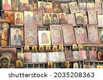 Small photo of SOFIA, BULGARIA - 4TH Sept 2016: Bulgarian Christan Orthodox handmade icons for sale with portraits of Jesus, Virgin Mary and saints painted on wood.
