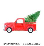 Watercolor Red Truck With...