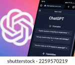 Small photo of Galati, Romania - February 08, 2023: Webpage of ChatGPT, a prototype AI chatbot developed by OpenAI, on a smartphone screen. Examples of interactions with the AI are shown before a new chat.