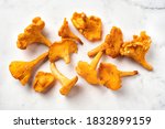Top view of fresh chanterelles on white background
