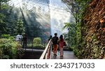 Small photo of SINGAPORE - 10 APR 2021: 6pm. Young people connect with the lush greenery and sun rays shining through the HSBC Rain Vortex which is the world's tallest indoor waterfall, promoting mental wellness.