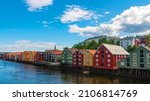 Historical Old Timber Buildings (Norwegian: Gamle Bybro or Bybroa) over the river Nidelva in Trondheim
