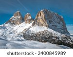 
Snow-capped Sassolungo mountain seen from Passo Sella in the Italian Dolomites. Grohman peak.