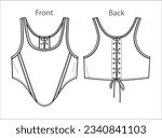 Vector woman tank top sketch, sleeveless blouse fashion CAD, summer crop T-Shirt technical sketch, female flat, template. Jersey or woven fabric corset top with front, back view, white color