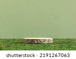 Wooden slice podium on a green moss background. Premium empty scene for product promotion, beauty, natural eco cosmetic. Showcase, display case.