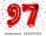 Small photo of The number of the balloon made of red foil, the number ninety-seven on a white background with sequins. Birthday greeting card with inscription 97. Numerical digit, Celebration event.