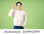 Portrait of young Asian man posing on green background