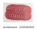 salami sausage slices isolated on white background, sliced sausage in plastic package