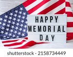 American flag. Lightbox with text HAPPY MEMORIAL DAY Flag of the united states of America. July 4th Independence Day. USA patriotism national holiday. Usa proud. Freedom concept