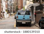 Small photo of Seoul, South Korea-December 2020: Blue hustler car parking along the street old alley way in Seoul, South Korea