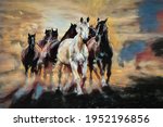 painting . Artistic drawing of a herd of Arabian horses