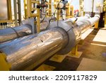 Heating medium oil pipeline protected with stainless steel insulation for keep temperature form environment, offshore oil and gas central processing platform piping system.