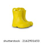 Small photo of Yellow kids gumboots isolated on white background. Pair of yellow rubber boots