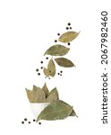 Small photo of Bay leaf with allspice isolated on white background. Falling spices. Flying seasoning.
