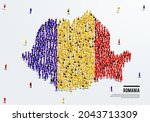 Romania Map and Flag. A large group of people in the Romania flag color form to create the map. Vector Illustration.