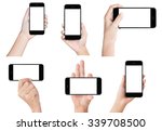 hand hold black modern smart phone show screen display isolated set