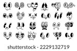 Retro 1930s facial expressions. Mascot faces for old animation characters, funny face with fire, heart and star shaped eyes vector set. Happy and sad caricatures with dollar signs, lightning