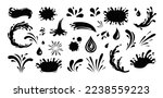 Splash silhouette with droplets. Water drops shapes, liquid burst splashes and ink blot hand drawn vector set of silhouette droplet, drop liquid illustration