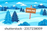 North Pole sign. Snowy forest woods landscape with location pointer, cartoon winter background for festive Christmas vector illustration. Mountains with snow caps, striped signpost