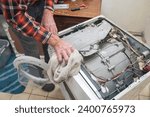 Small photo of man is a jack of all trades, he removed the lid of the washing machine and wipes the dust inside with a cloth before a thorough inspection and repair, high quality photo