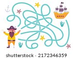 Labyrinth, help the pirate find the right way to the ship. Logical quest for children. Cute illustration for children
