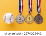 Small photo of Baseball hardball and gold medal (1st place), silver medal (2nd place), bronze medal (3rd place)