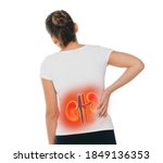 Small photo of Woman has acute pain in the kidneys. Treatment of chronic kidney disease, pyelonephritis, urolithiasis, inflammation, renal failure. Isolated on white